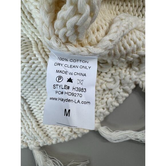 Hayden Los Angeles Womens Sweater Med Ivory Fisherman Chunky Knit Fringe Cropped - Picture 8 of 9